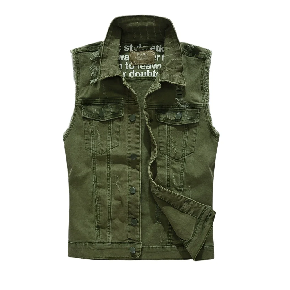 

New Fashion Men Green Casual Ripped Denim Vests Jackets Man Trendy Sleeveless Coats Male Streetwear Slim Jeans Waistcoats 5XL