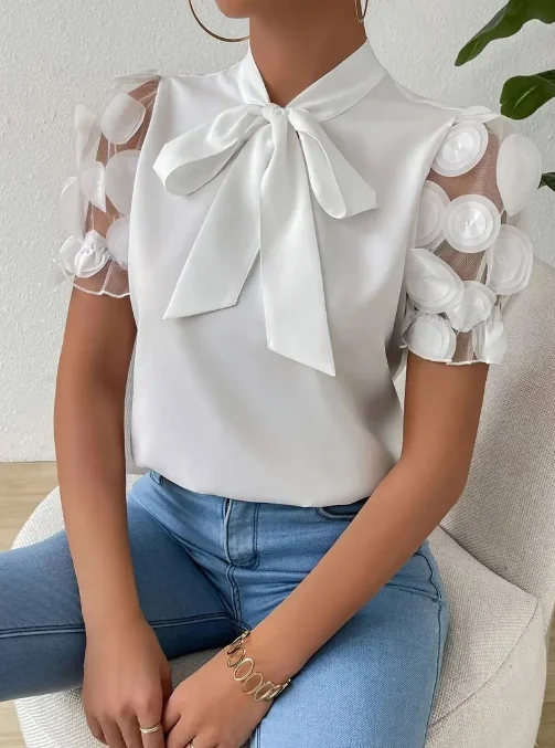 

Women's Blouses Trend 2025 Summer Commuting Solid Color Simple Strap Bow Short Sleeved Shirt for Women