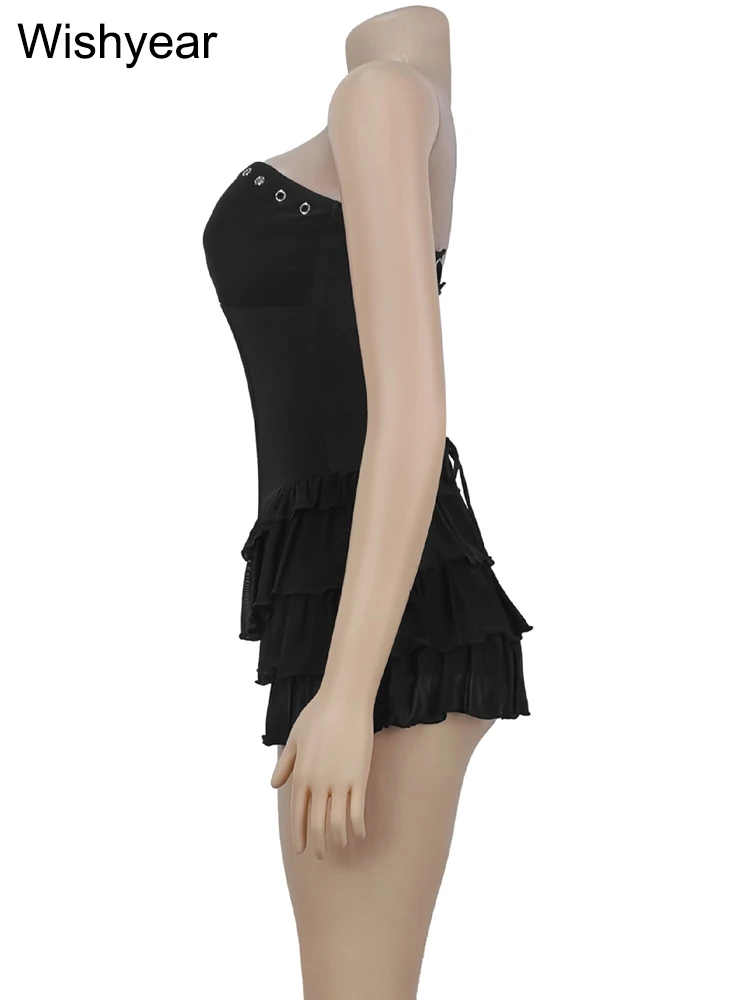 Wishyear vestido plissado sem alças para mulheres sexy sem mangas em camadas babados linha a mini vestidos elegantes noite de aniversário clubwear