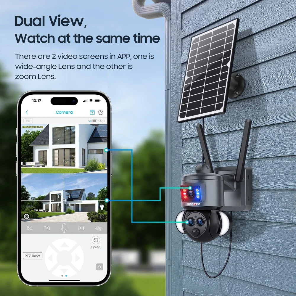SECTEC Three Lens Dual View PTZ Outdoor Night Vision 4G Solar Power Security IP Camera 6MP 15X Zoom Solar Battery CCTV Camera