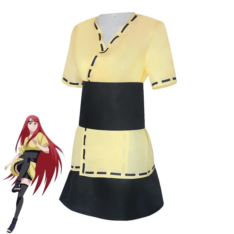 애니메이션 우즈마키 쿠시나 코스프레 의상 노란색 짧은 소매 탑 배틀 유니폼 레드 가발 여성 섹시한 카니발 할로윈 슈트;3,k8't