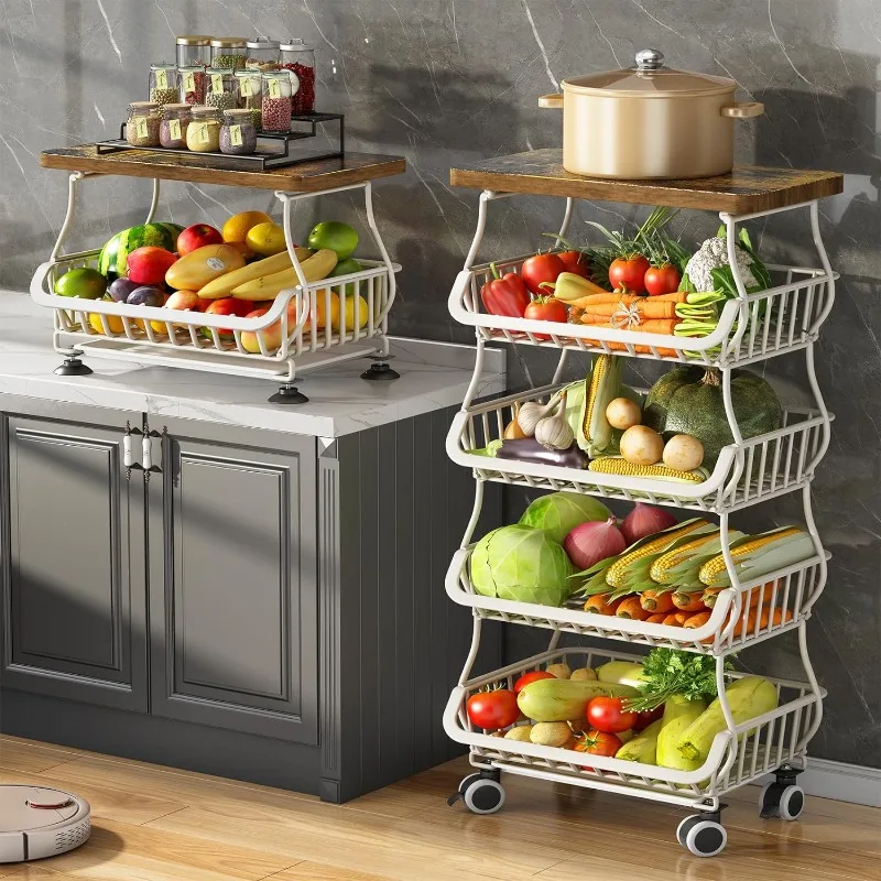 

Fruit Basket for Kitchen with Wood Top 5 Tier, Stackable Fruit and Vegetable Storage Cart, Wire Storage Basket with Wheels,White