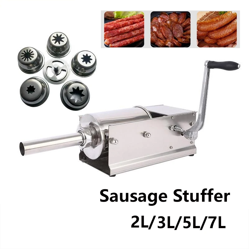 2/3/5/7 Liter Sausage Stuffer 2 Speed Stainless Steel Horzontal Sausage Filler Manual Sausage Stuffer Suitable for Home Kitchen