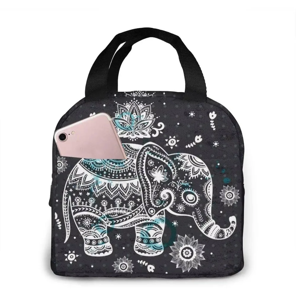 Indian African Lotus Ethnic Elephant Thermal Lunch Bag Insulated Lunch Box Cooler Bento Tote Bag for Picnic Camping Work Travel