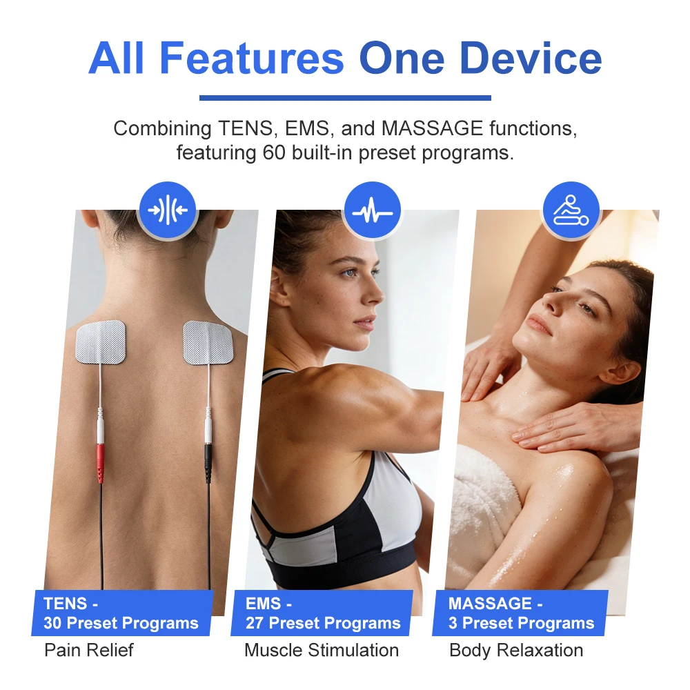 3-in-1 EMS & TENS Unit Machine Professional Muscle Stimulator Electronic Acupuncture Massager for Neck, Back, Legs, Feet & Body