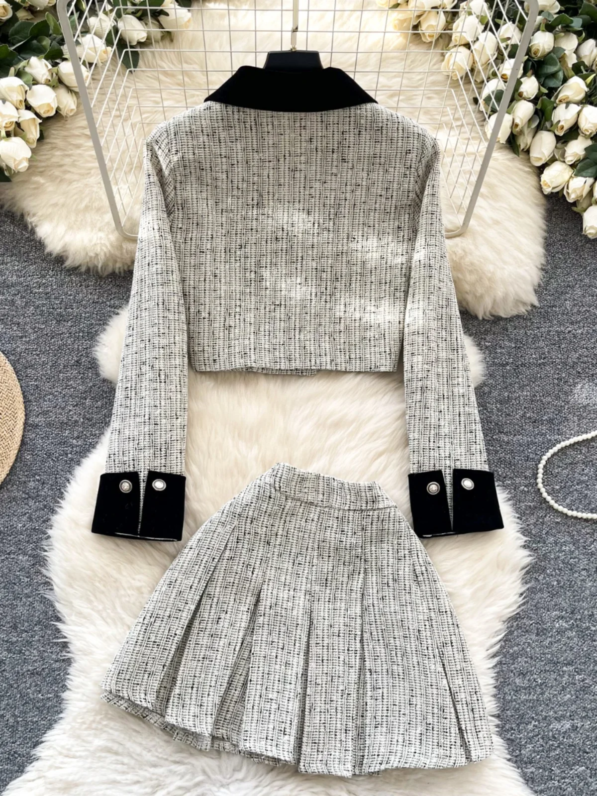 طقم تنورة ميدي عالية الخصر ومعطف للنساء من قماش التويد بأكمام طويلة وتصميم فيونكة عصري وأنيق #4