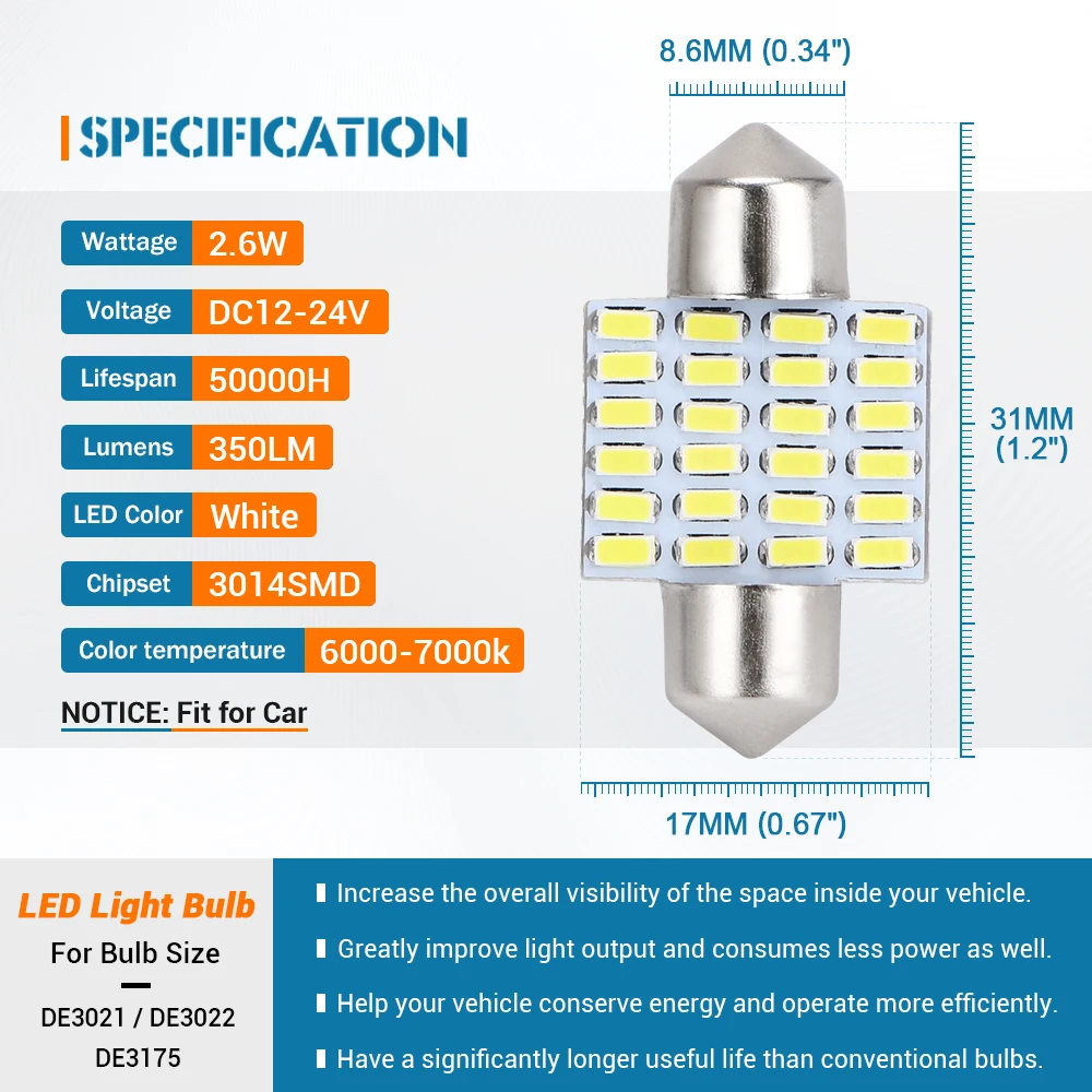 C5W C10W LED Bulb 31mm 36mm 41mm 3014 SMD 6000K Car Vehicle Interior Reading Light Clearance Bulbs Auto Plate Lamp White 12V