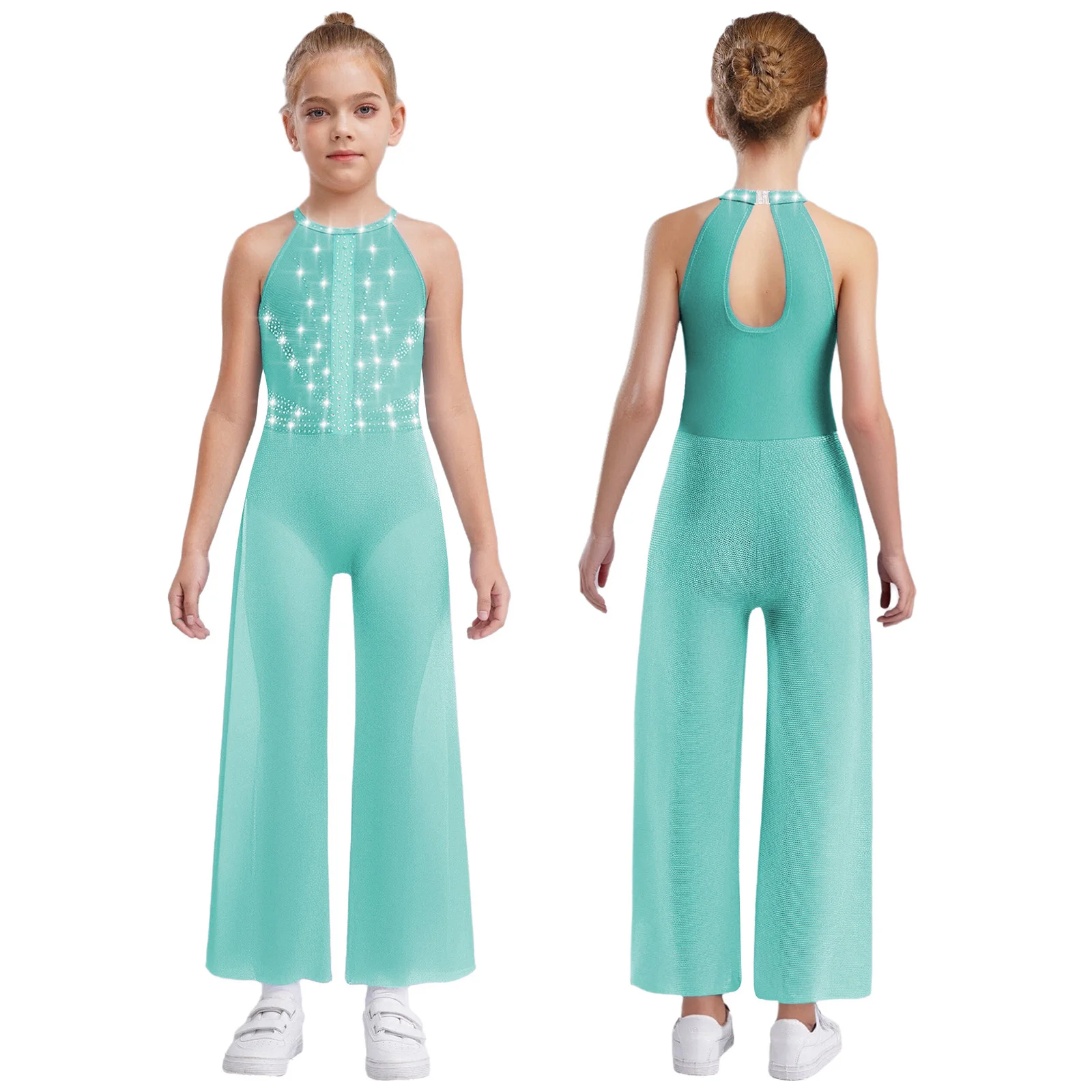Meisjes strass glanzende bodysuit gymnastiek ballet hedendaagse danskostuum mouwloze zijkanten split wijde pijpen dans jumpsuit