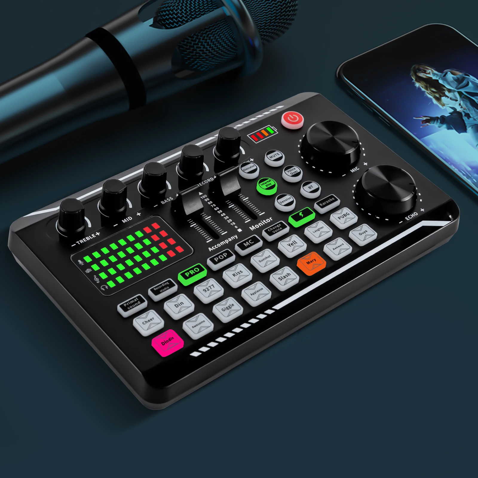 Professional Sound Card for Live Streaming, Bluetooth Audio Mixer with Voice Changer, Sound Effects, Compatible