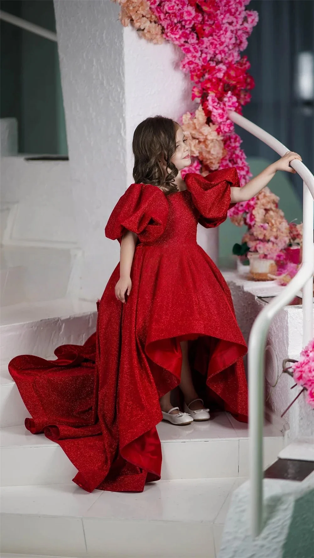 

Custom Girls Luxury Puff Sleeve High Low Glitter Flower Girl Dress Wedding Party Gown Birthday Party Pageant Runway Dress