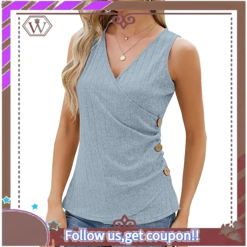 A95D-Womens Summer Tank Tops Casual Eyelet Embroidery Sleeveless Shirts Comfy Button Design Slim Fit Basic Tee