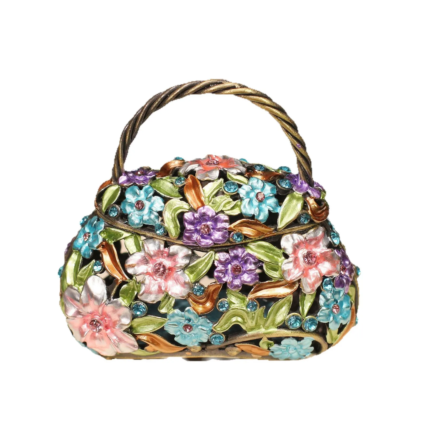 

DSA metal enamel jewelry box, handicrafts, retro portable flower basket bag, small ornament, home jewelry storage box