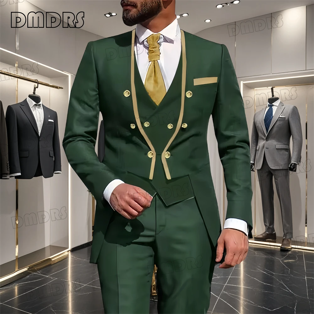 Conjunto de pantalones de esmoquin de 3 piezas para hombre, chaqueta, chaleco, pantalones, conjunto de traje de fiesta formal, trajes de moda ajustados con botones dorados