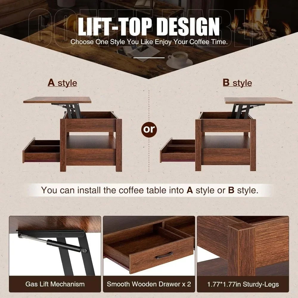 Salontafel, salontafel met hefblad, lades en verborgen compartiment, retro centrale tafel met houten heftafelblad