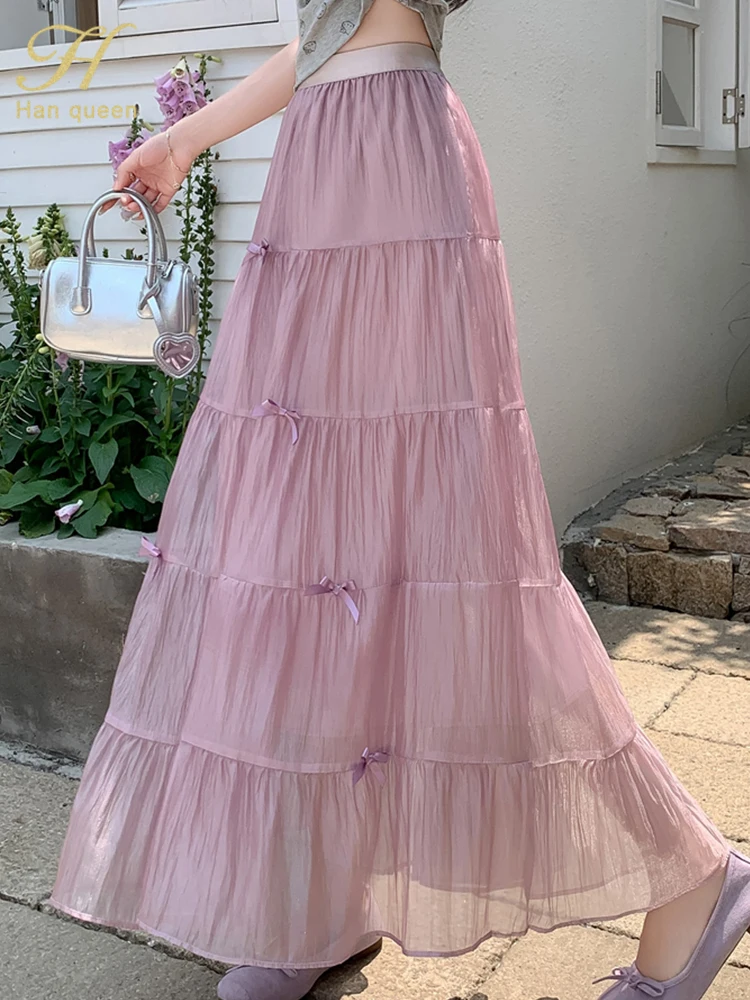 

H Han Queen Fashion Mesh Bow Cake Tulle Long Skirts for Women Elastic High Waisted Fairy A Line Loose Elastic Waist Skirts