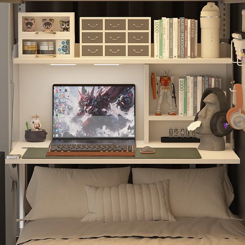 Notebook on the bed in the dormitory, upper and lower bunk in the dormitory, computer table, suspended folding study table