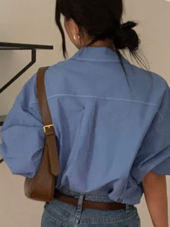 

Street Sle Свободный крой Long Sve irt Женский шикарный винтажный отложной воротник на пуговицах спереди Дизайн с двойной строчкой Де...