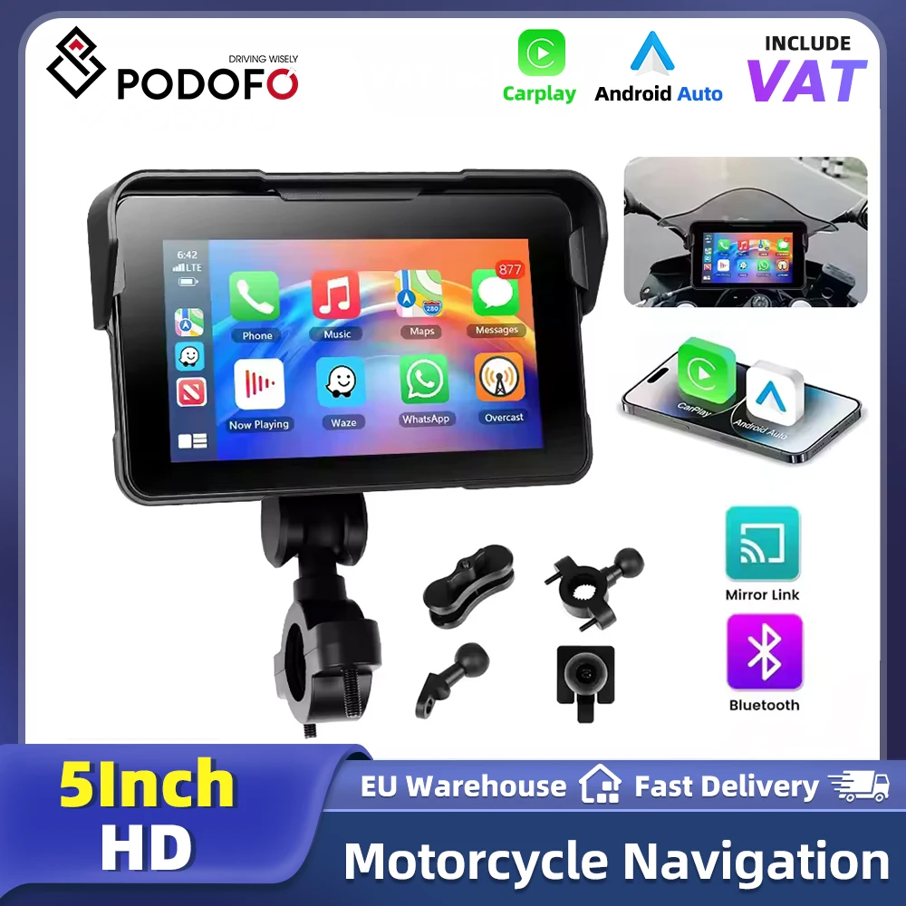Podofo – lecteur multimédia intelligent portable pour moto, écran de 5 pouces, sans fil, Carplay, Android Auto, conception étanche IP68, pour la navigation et le divertissement sur moto