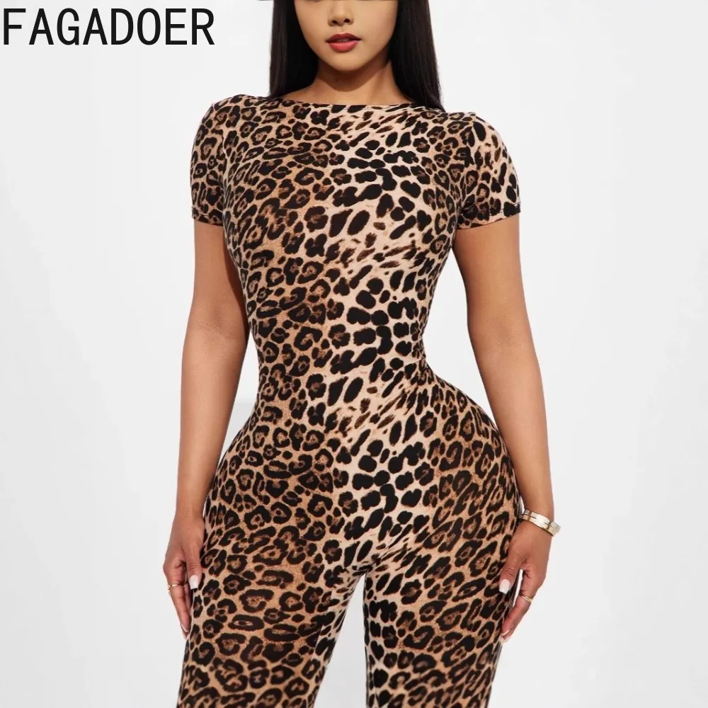 FAGADOER Sexy Leopard Print Bodycon Jumpsuits Women Sleeveless Backless Short Sleeve  Rompers Female Club Party Overalls 2025