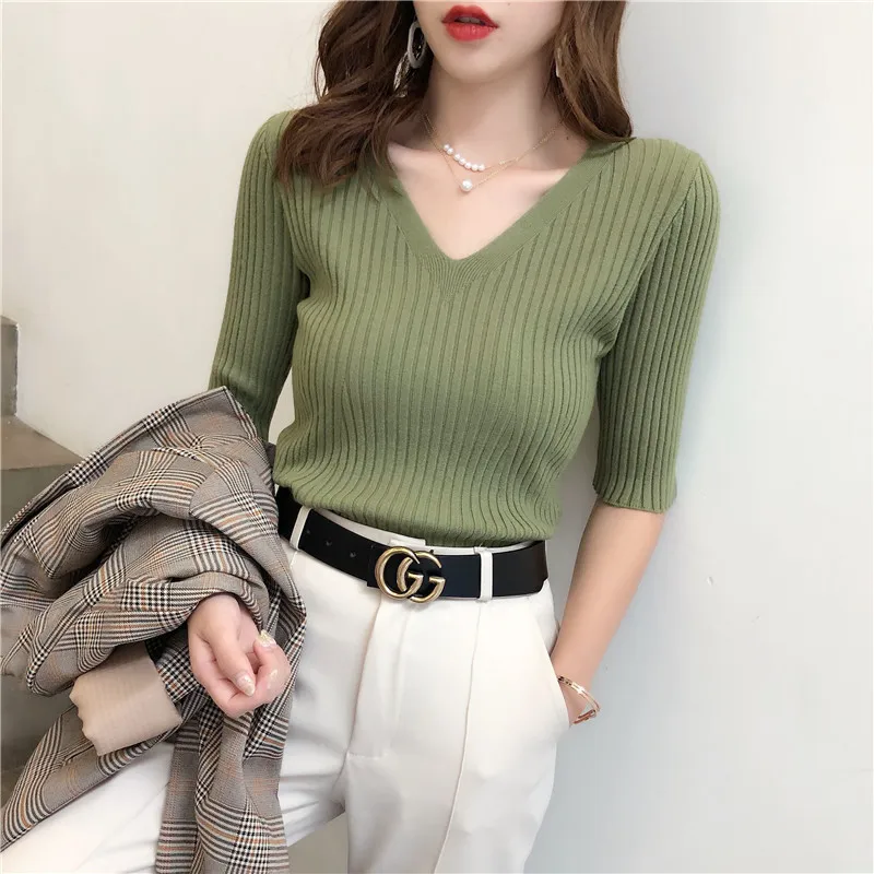 

2022 Women Autumn Solid Color Knitted Sweater V-Neck Short Sleeve Ice Silk Bottoming Pullover Female Striped Inner Top Sweaters