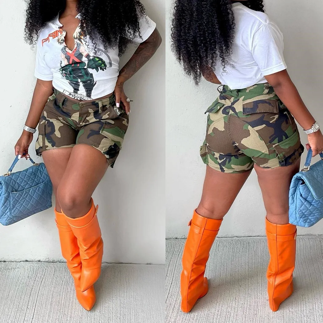 

Shorts Women Print Short Pants Splice Camouflage Pant Regular High Waist Trousers Slim Fit Pocket Button Casual Summer 2024