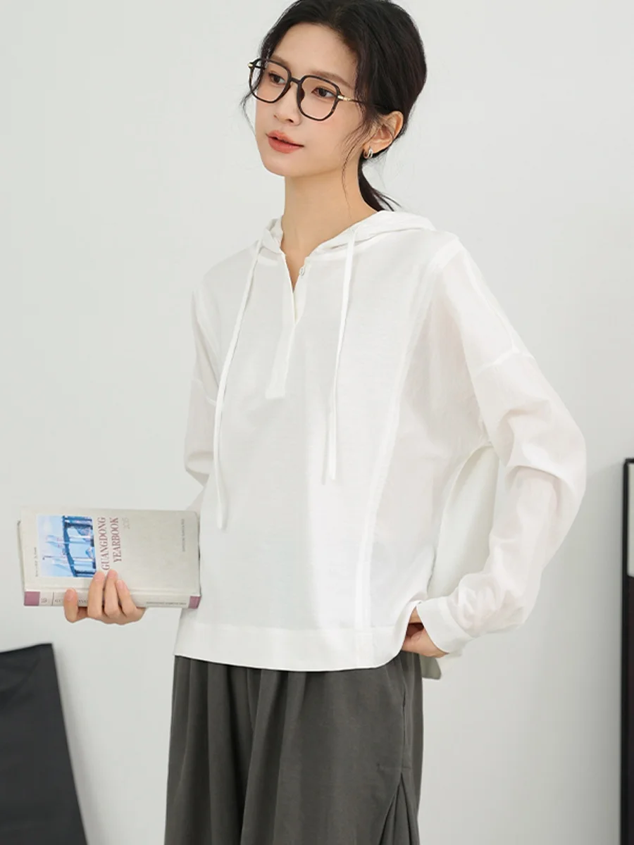 

DianThia Casual Loose Long Sve T-irt Korean Sle Simple Design Hat Hoodie Women's Faion Summer Top 2025 New Arrival