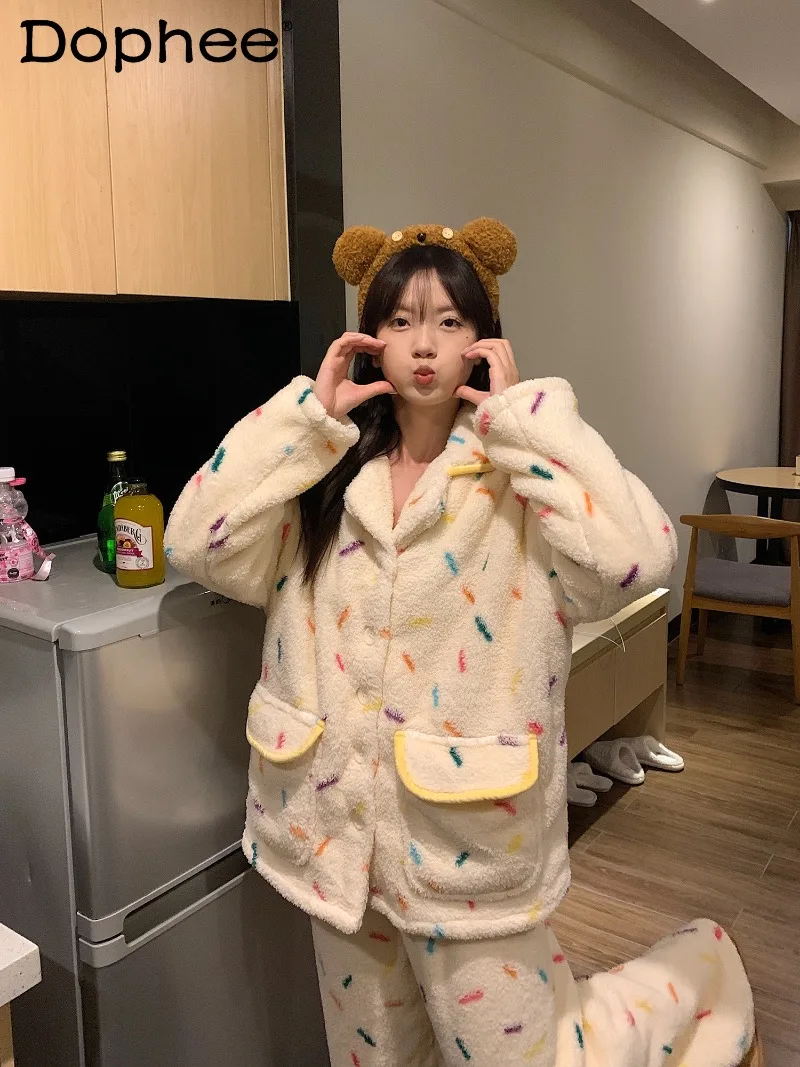 autumn-winter-women-coral-fleece-lapel-long-sleeve-pajamas-2026-new-thickened-warm-colorful-polka-dot-loose-casual-homewear