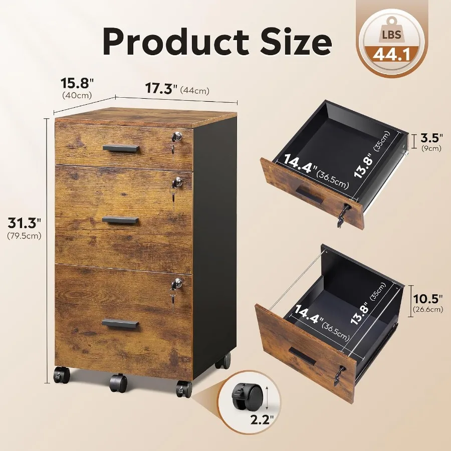 3 Drawer File Cabinet with Lock and Wheels, Wood Printer Stand