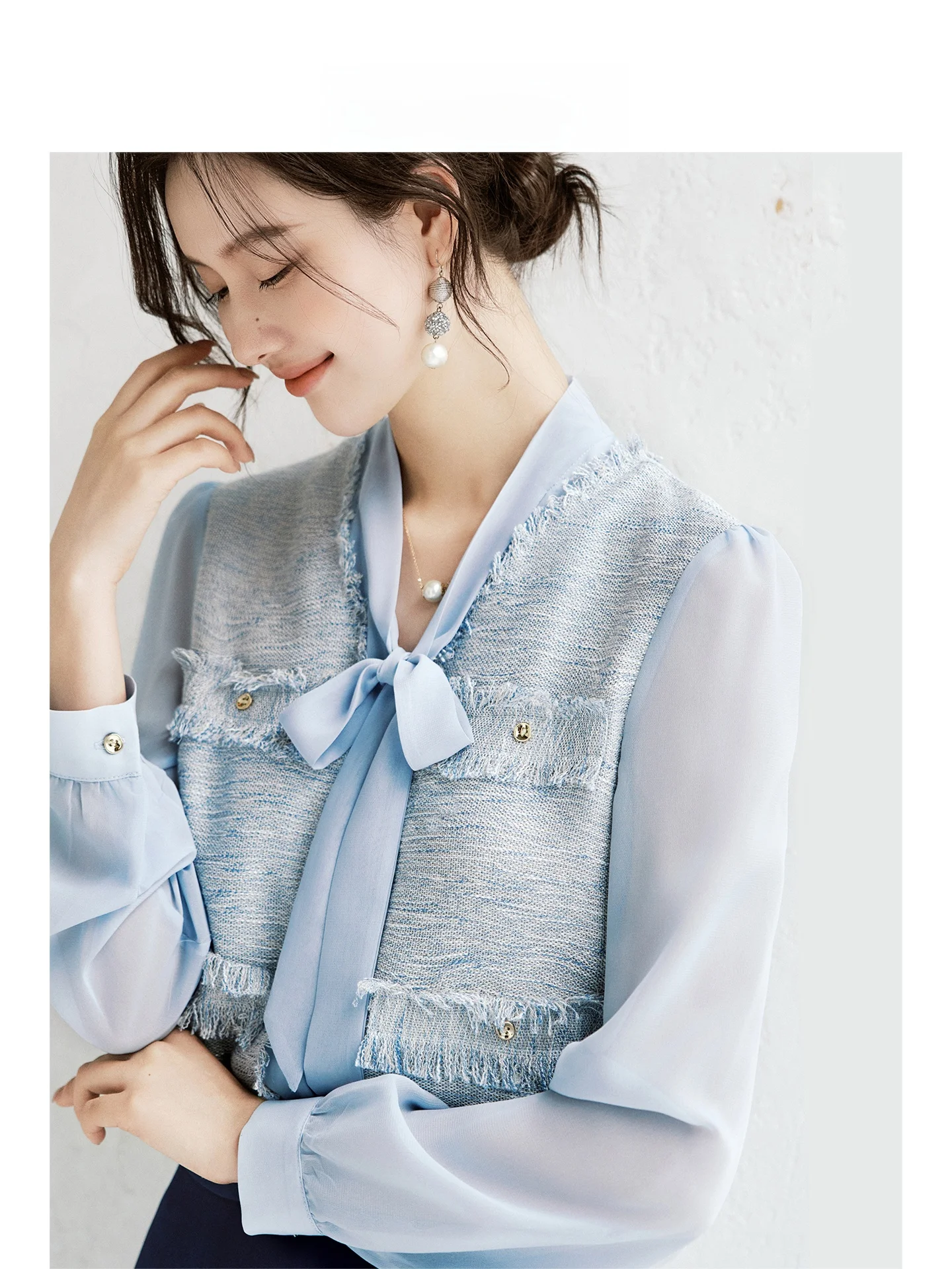 

Женская премиум-модная блузка Ele Blue Sa с длинным рукавом, новинка ранней весны, из дышащего полиэфирного волокна, приятная для кожи