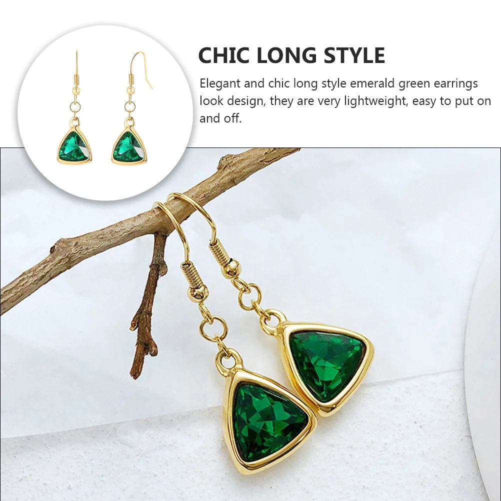 

1Pair Emerald Green Triangle Pendant Earrings Long Style Artificial Gemstone Lightweight Elegant Chic Fashion Jewelry For Women