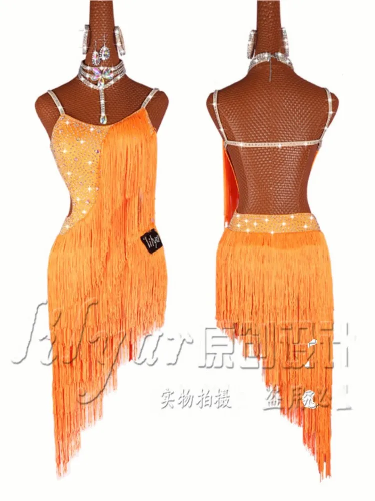 

Latin Dance Competition Adult Daughter Children's Water Performance Dress Practice Crystal Yellow Tassel Diagonal