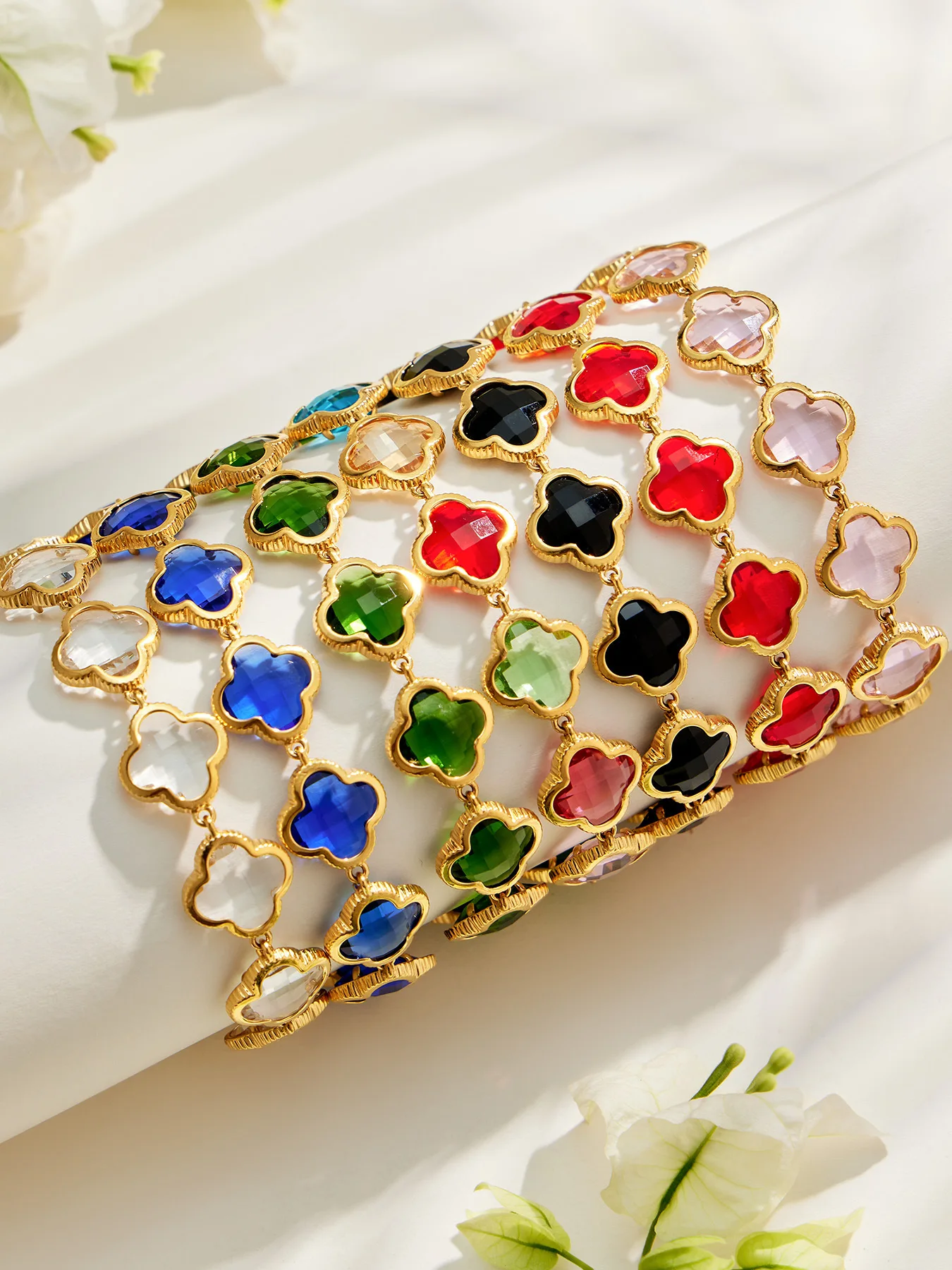 Facettierter Glasstein 4-Blatt-Blumen-Halskette Armband Ohrringe 18k Vergoldeter Edelstahl 3-teiliges Kleeblatt-Schmuckset für Damen – Detail 22