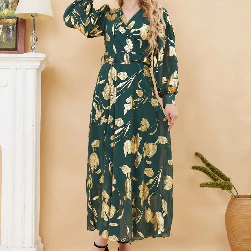 Women Floral Dress Bronzing Retro Muslim Abaya Elegant Maxi Vestidos Islamic Long Dresses for Woman Muslimah Turkey Dubai Robe