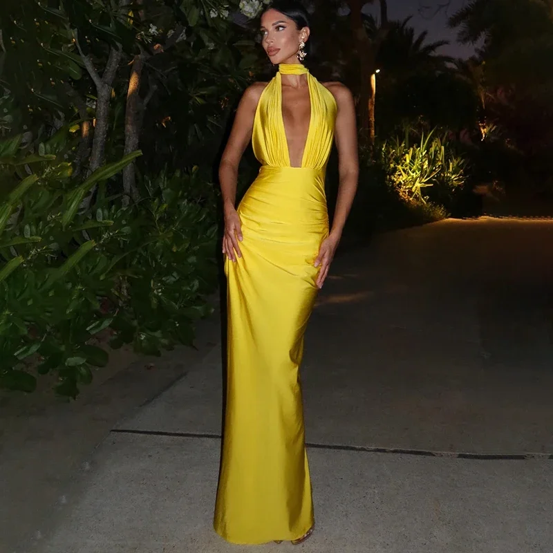 Halter głęboki dekolt w serek bez pleców seksowna sukienka Maxi dla kobiet moda solidna obcisła sukienka bez rękawów klubowa wieczorowa długa sukienka