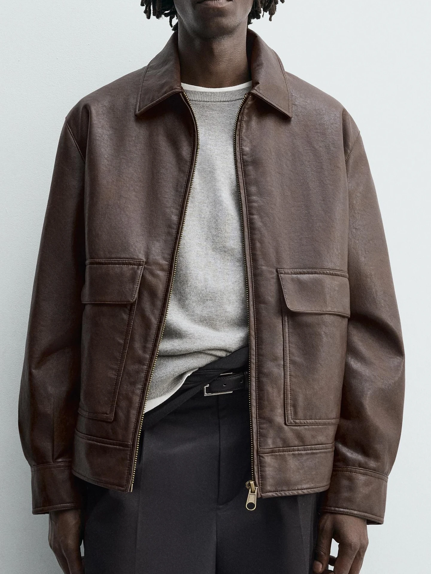 

Мужская кожаная куртка свободного кроя с воротником-стойкой, повседневная, ветрозащитная, из полиэфирного волокна, с длинными рукавами, на молнии, для осени и зимы