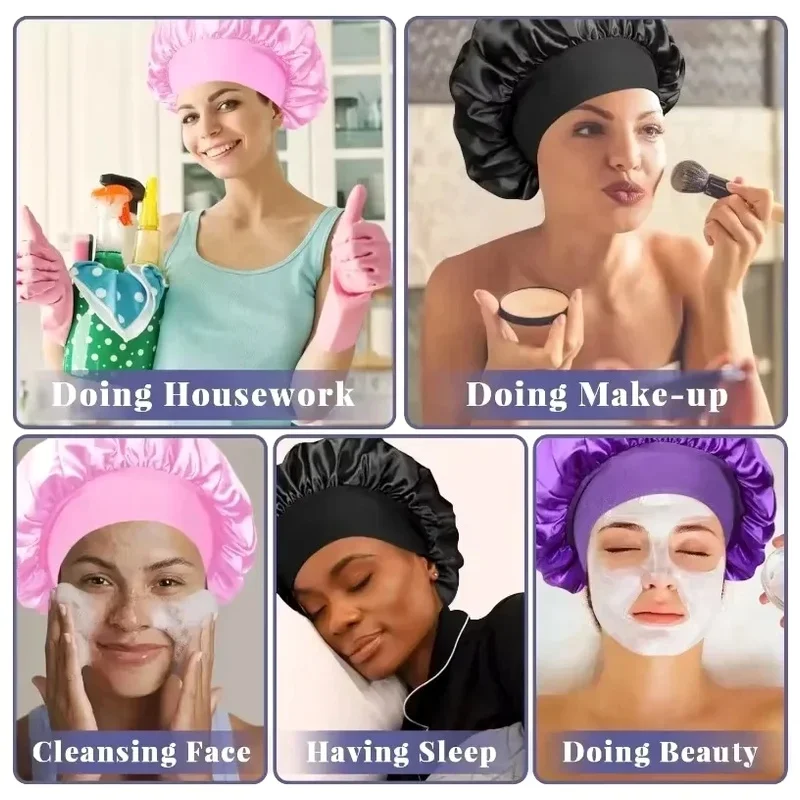 Wide-brimmed Women's Satin Sleep Shower Cap Solid Unisex Elastic Hair Wrap Cover for Long Hair Household Salon Tool New