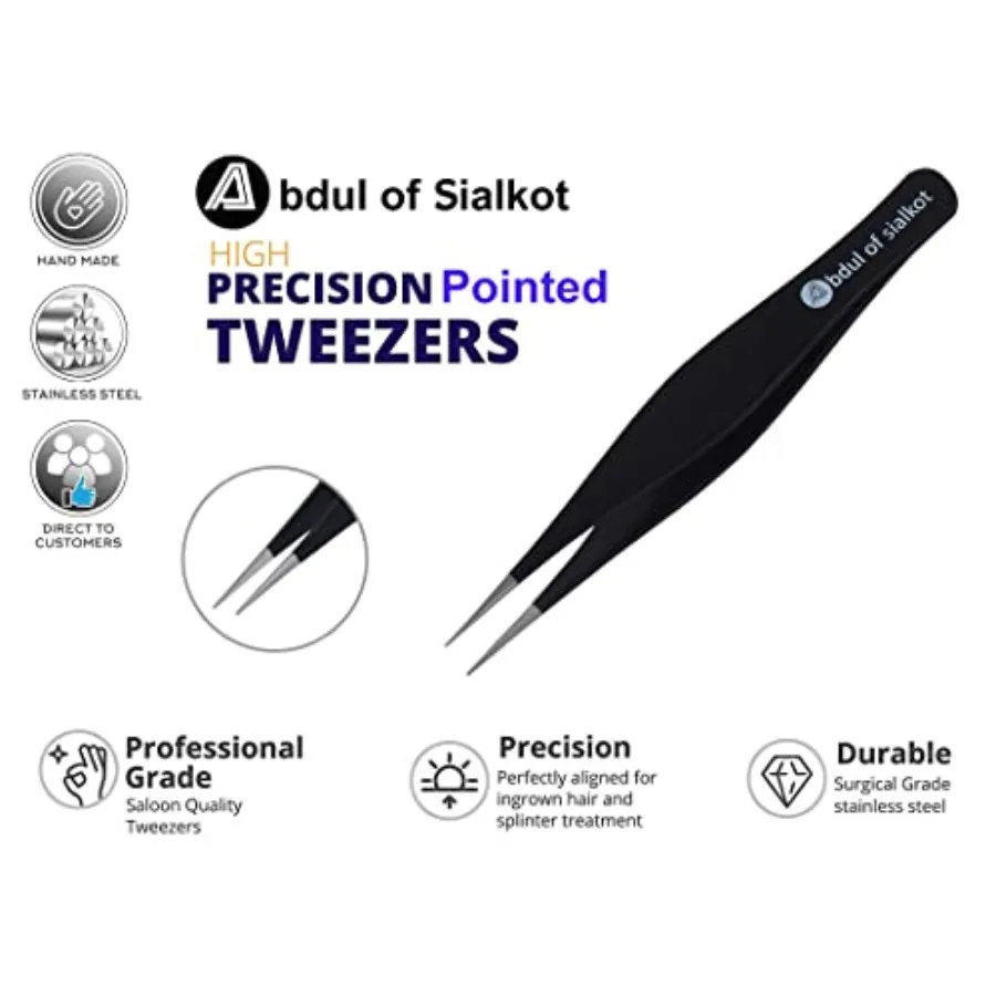 Pointed Tweezers, Needle Nose Tip, Sharp Precision Ingrown Hair, Surgical Pointed for heads and Splinters/Best Tweezers for Eye