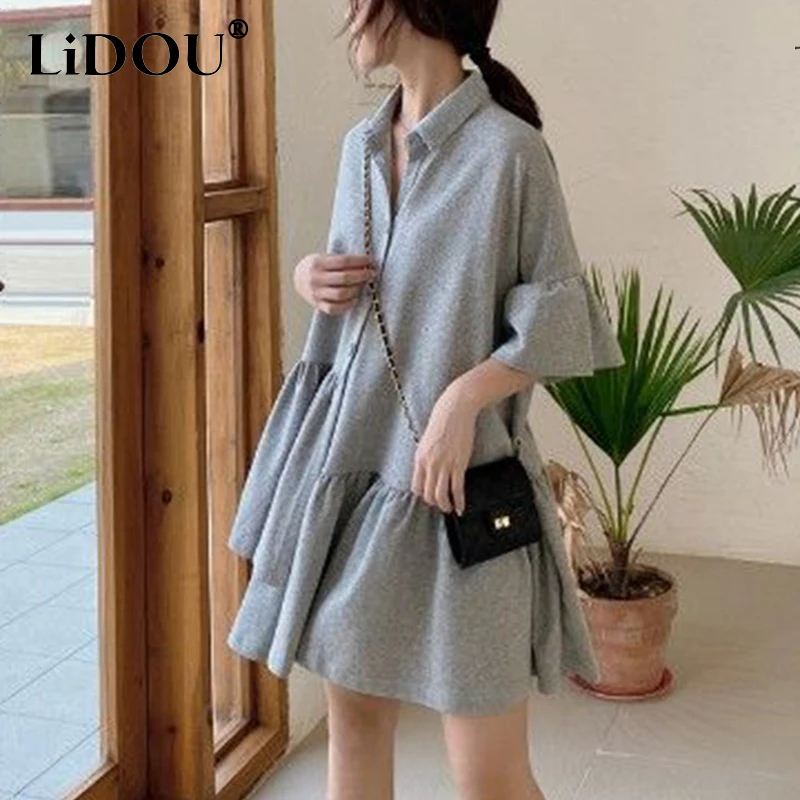 Summer Fashion Oversized Polo-neck Ruffles Loose Casual Dress Ladies Short Sleeve Solid Color Sweet Robe Women\'s Buttons Vestido