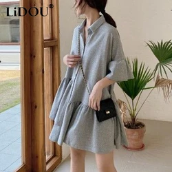 Summer Fashion Oversized Polo-neck Ruffles Loose Casual Dress Ladies Short Sleeve Solid Color Sweet Robe Women's Buttons Vestido