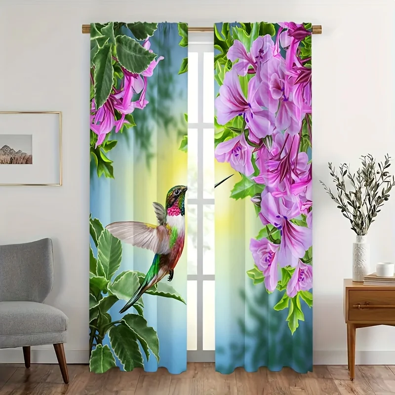 2pcs Hummingbird & Floral Pattern Curtains Decorative Window Drapes Window Treatments For Bedroom Living Room Home Decoration