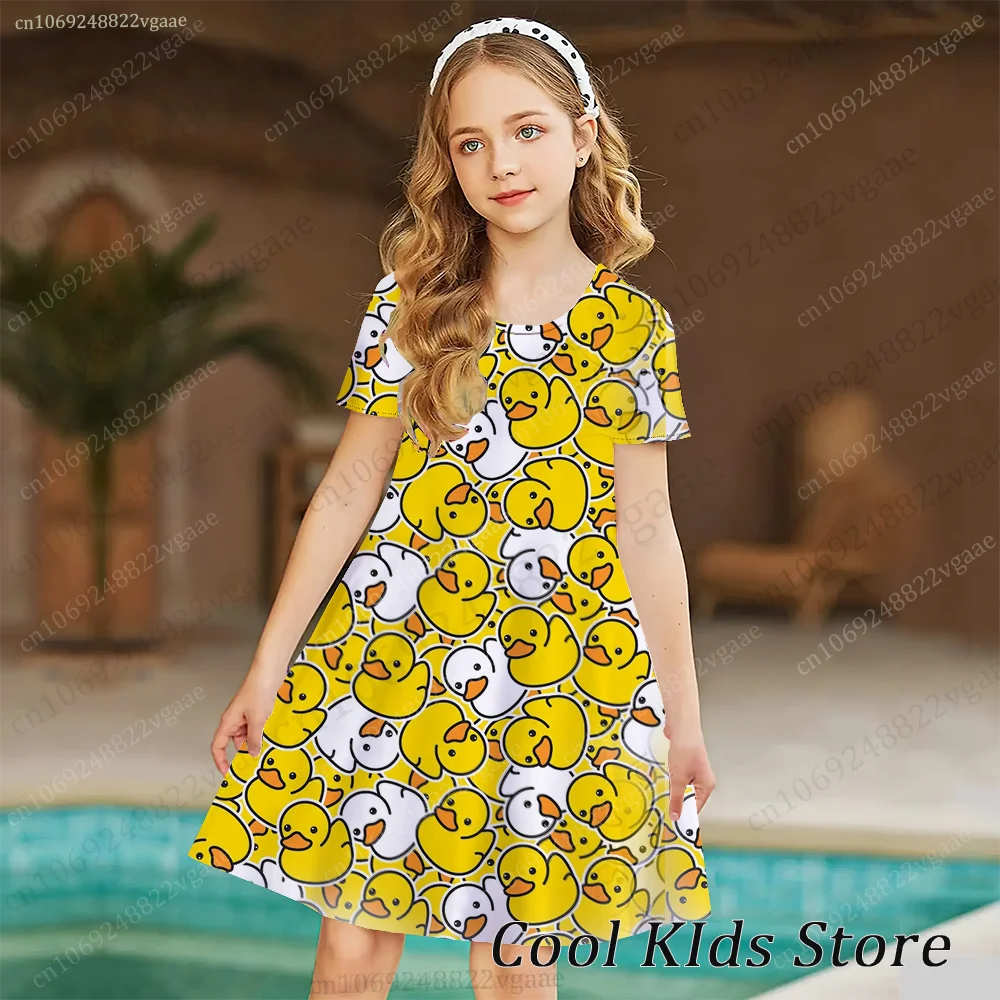 Summer Hawaiian Yellow Duck Princess Dress Girls Women Short Sleeve Costume Party Dresses Children Clothes Vacation Beach Skirt