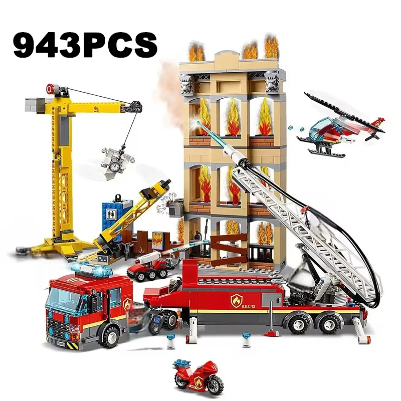 City Fire Station Fighting Trucks Car Helicopter Building Blocks Firehouse Firefighter Bricks Educational Toys Gift For Kids Boy