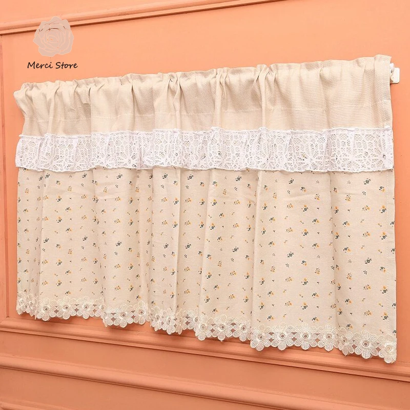 

Floral Farmhouse Curtains Semi-Blackout Drapes Cotton Short Bohemian Window Curtain Panel with Lace Beige Rod Pocket for Bedroom