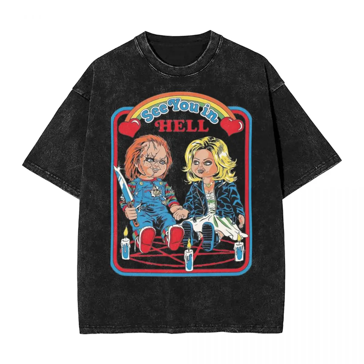 Chucky See You In Hell Washed T Shirt Streetwear Hip Hop Fashion T-Shirt Tees Tops for Men Women Short Sleeve Street Printed