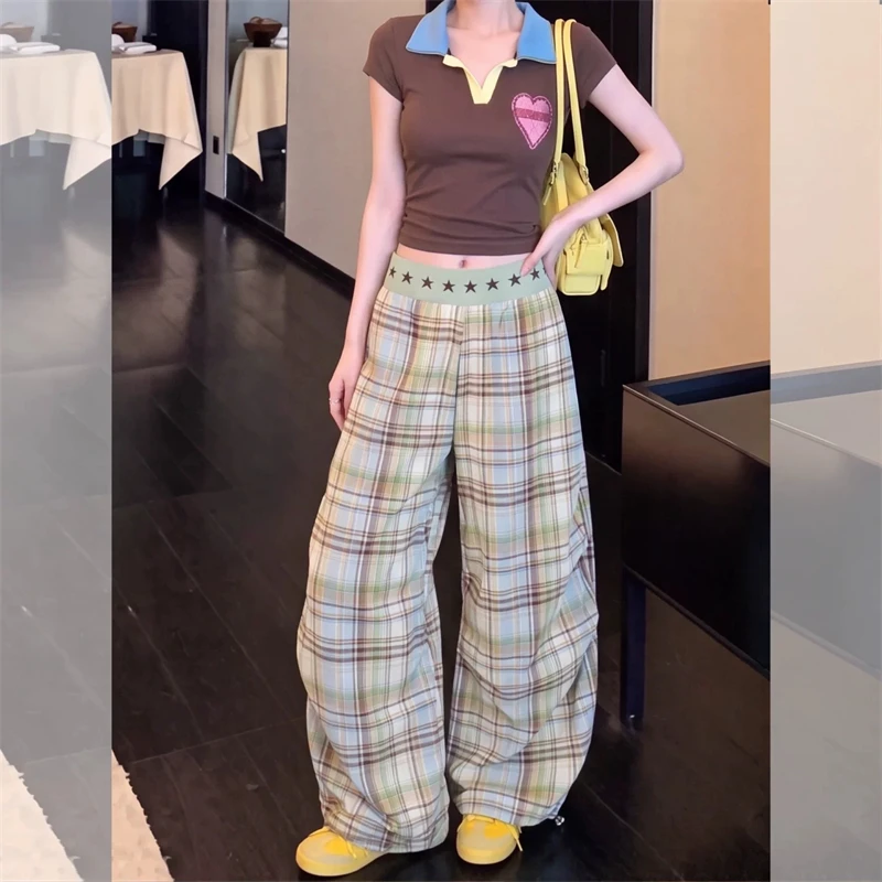 Women's Patched Grid Wide-Leg Pants High Waist Thin Sweatpants Street Girls Bottoms Female 90s Trousers