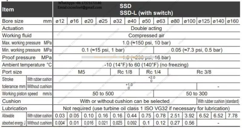 Compact Pneumatic Cylinder SSD SSD-L 25mm Bore 5-50mm Stroke Double Acting
