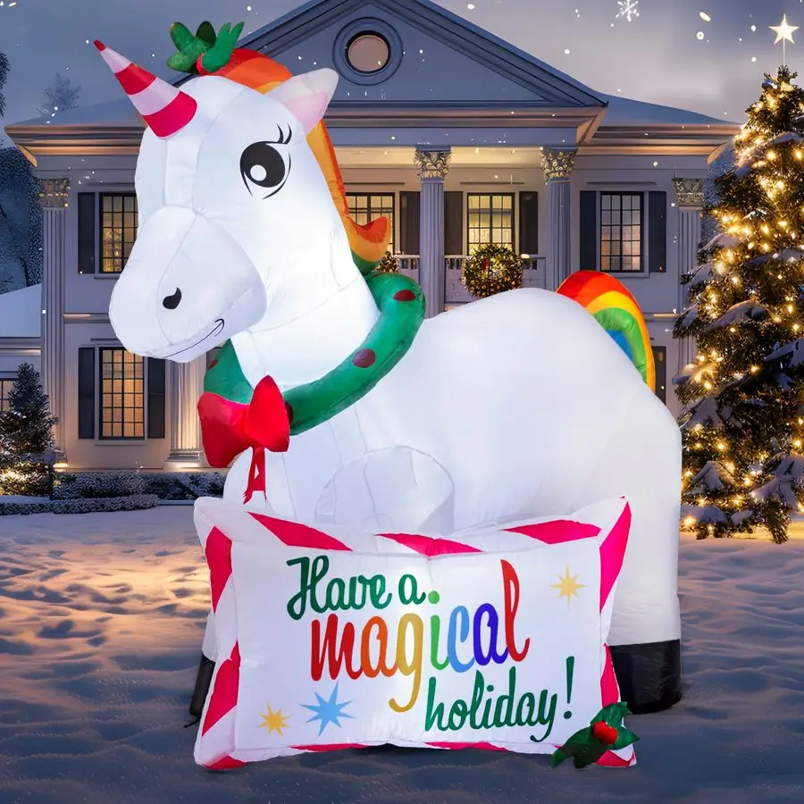 

6 FT Long Christmas Inflatable Magical Unicorn with Buildin LEDs, Blow Up Inflatables for Christmas Party Indoor, Outdoor, Yard,