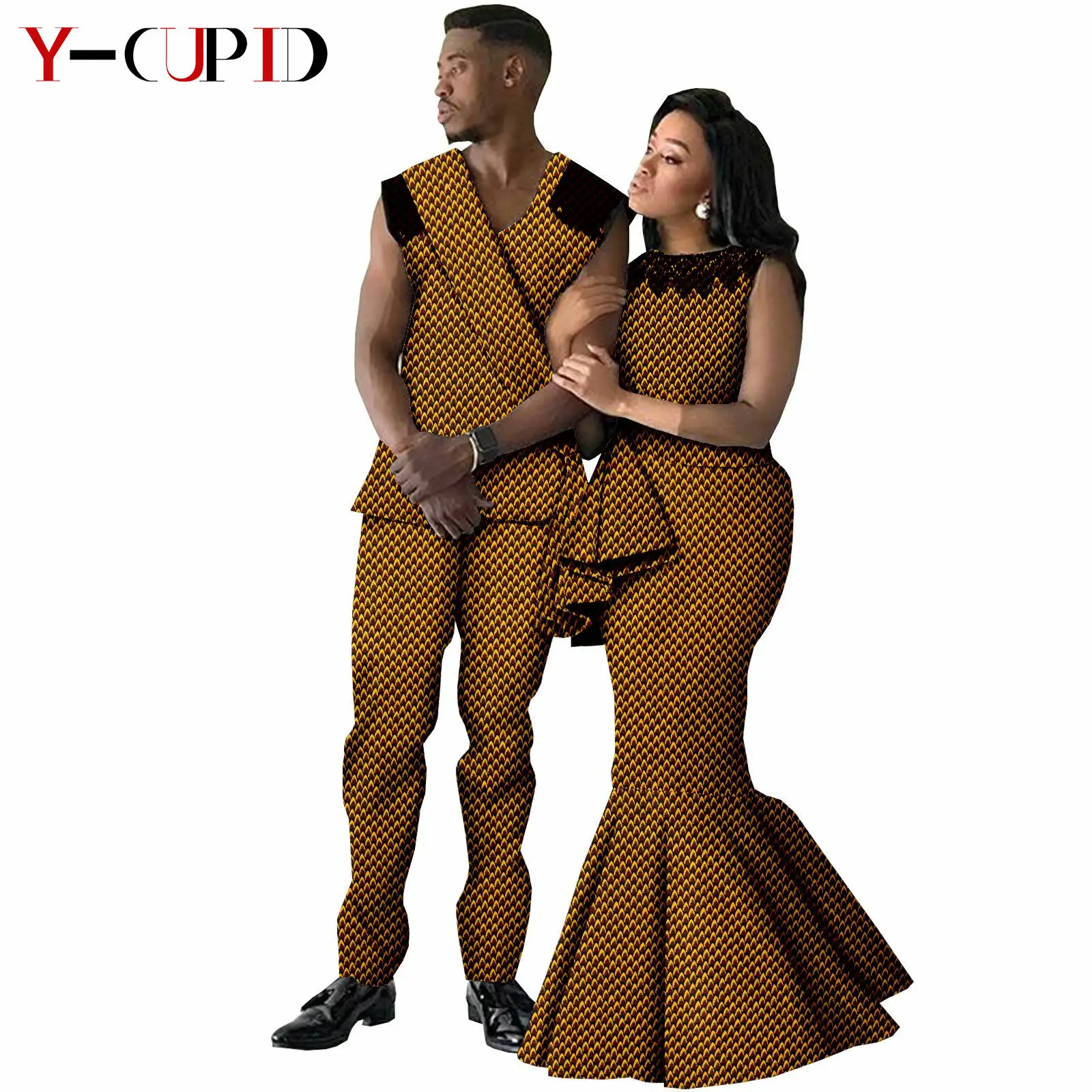 Roupas africanas para casais, roupas dashiki, mulheres, estampa sereia, vestidos longos, combinando, masculino, conjuntos de top e calça, bazin rico a21c001