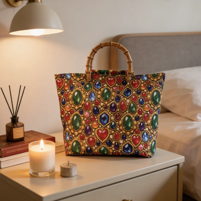 2D Damen Vintage Einkaufstasche mit Edelstein-Print und Großer Kapazität, mit Imitations-Bambusgriff, Leichte Luxus-Handtasche – Detail 3