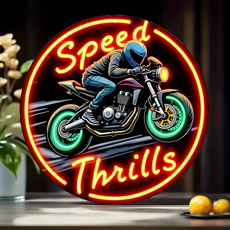 Vintage Neon Motorcycle Sign 'Speed is Exciting' - Round Retro Metal Wall Art with Dynamic Lights for Bar & Cafe Decor